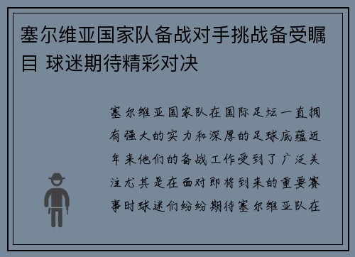 塞尔维亚国家队备战对手挑战备受瞩目 球迷期待精彩对决