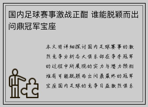 国内足球赛事激战正酣 谁能脱颖而出问鼎冠军宝座