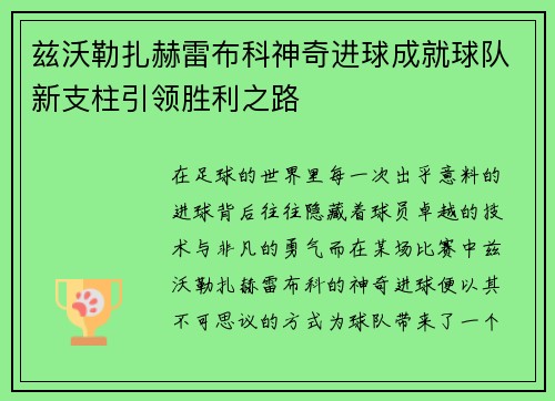 兹沃勒扎赫雷布科神奇进球成就球队新支柱引领胜利之路
