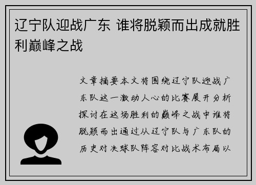 辽宁队迎战广东 谁将脱颖而出成就胜利巅峰之战