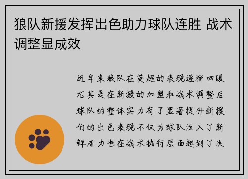 狼队新援发挥出色助力球队连胜 战术调整显成效