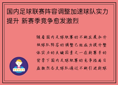 国内足球联赛阵容调整加速球队实力提升 新赛季竞争愈发激烈