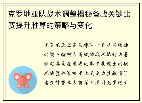 克罗地亚队战术调整揭秘备战关键比赛提升胜算的策略与变化