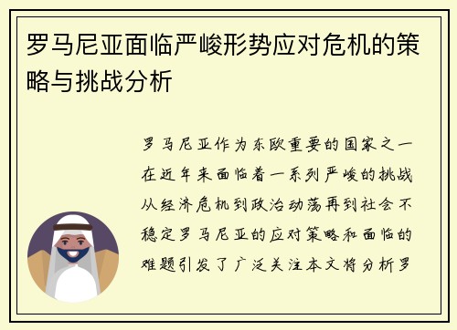 罗马尼亚面临严峻形势应对危机的策略与挑战分析